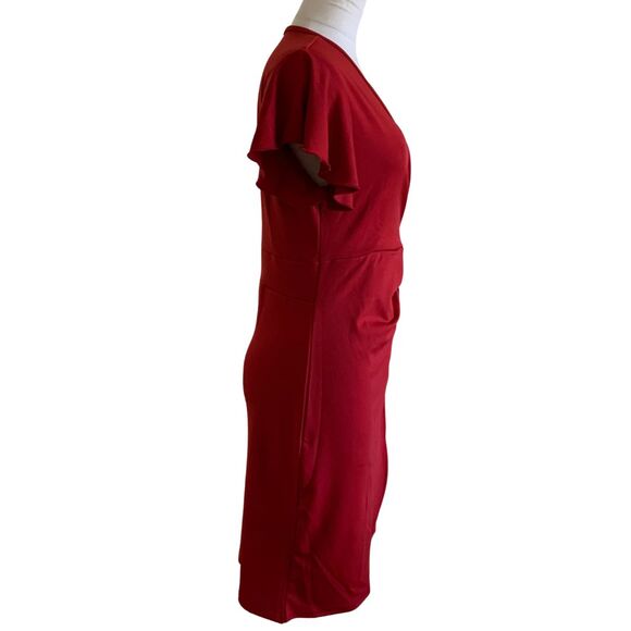 Red Faux Wrap Dress with Side Tie – Short Sleeve Knee Length Women’s Size M - Picture 6 of 10